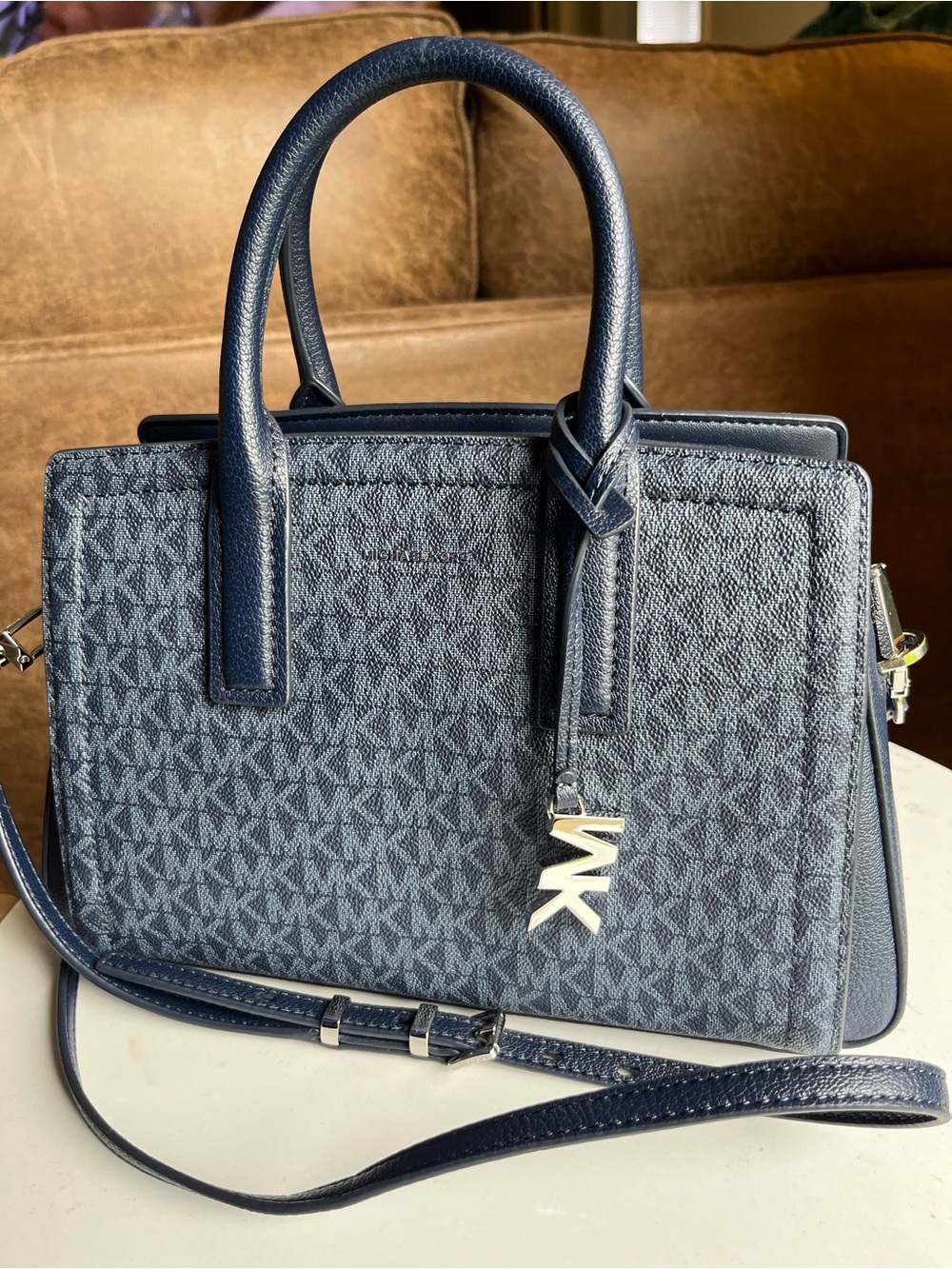 Michael Kors NWOT Marilyn Medium Satchel Navy Blue Admiral Monogram Crossbody